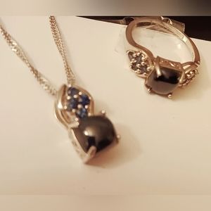 Dark blue tiger eye necklace w/sapphires 1 matching ring 2 pc silver